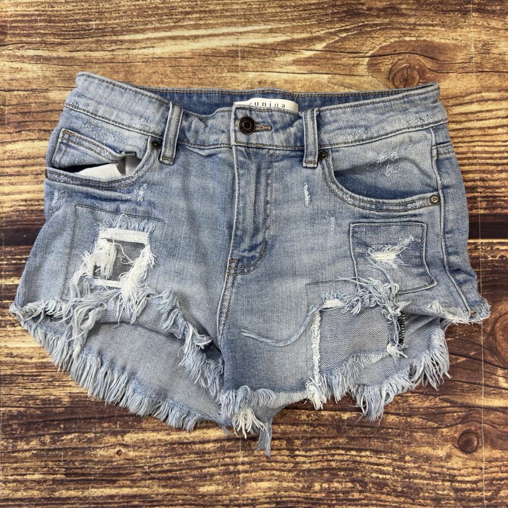 EUNINA Women’s (Size S) Cut Off Blue Jean Shorts Pockets Cotton High Rise